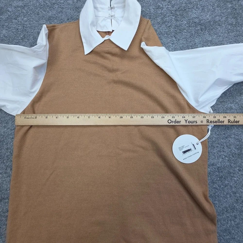 STAUD Fern Dress Collared Women's XS Brown White Long Sleeve Cotton Wool NWT - Picture 11 of 14